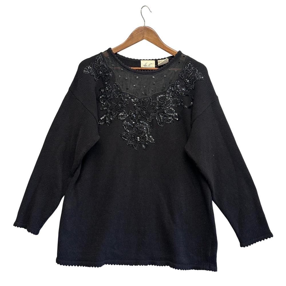 Women's Vtg Pullover 80s Knit‎ Sweater Size M Black Beaded Gothic Grandma Tunic